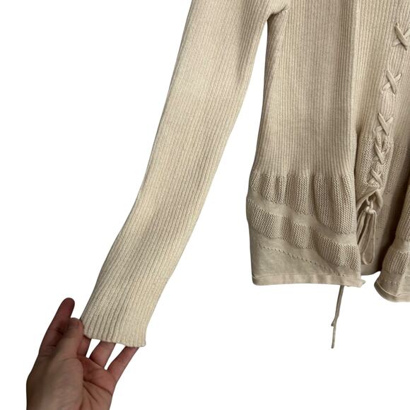 August Silk Beige Open Cardigan M Lace Back Minimalist Quiet Lux Elevated Basics - Picture 4 of 9